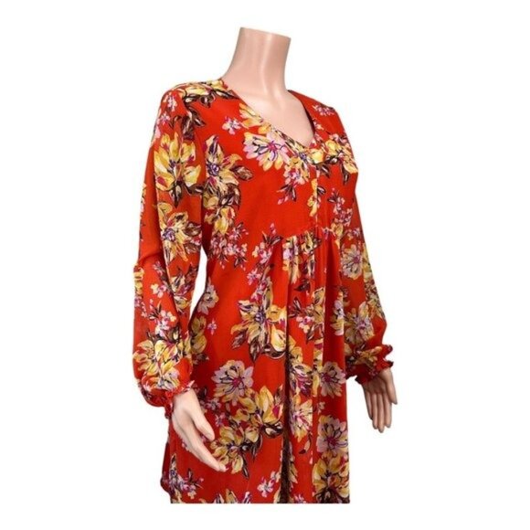 Time And Tru Women SZ L(12-14) Orange Floral Baby Doll Knee Dress -Long Sleeve - Picture 11 of 16